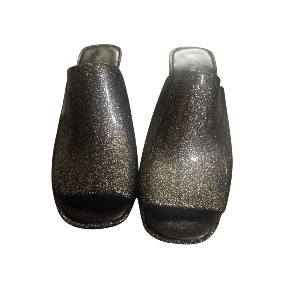 Y2K Jelly Jeffrey Campbell Black Glitter Block Heel Mules Peep Toe Slide Sandals